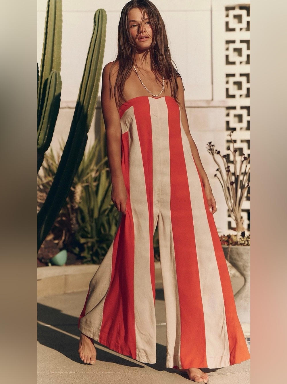 Free People Free-est Eden Striped Wide Leg Linen Blend Jumpsuit Tea Combo M Boho - Picture 3 of 15